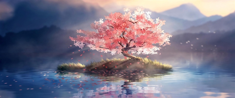 唯美壁纸动漫风景，孤独的树在湖水中倒影的动漫风景带鱼屏壁纸
